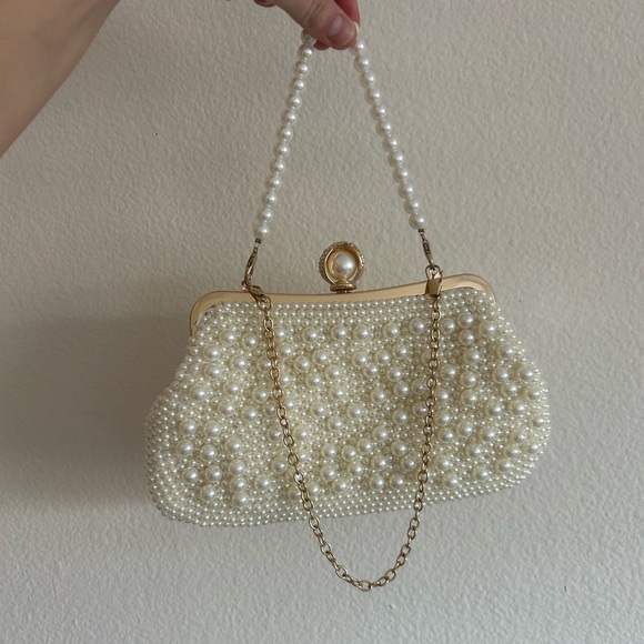 Handbags - Elegant Pearl-Embellished Cream Clutch